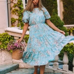 JessaKae Seraphina Embroidered Tiered Midi Dress Blue Floral Trellis Puff Sleeve